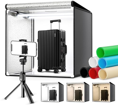 VAYOTOY Caja de luz fotográfica de 60 x 60 cm, Estudio fotográfico e iluminacióncon 2 Tiras LED extraíbles y graduables, 6 Colores de Fondo para Todo Tipo de fotografía de Productos