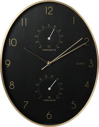 Jack Stonehouse Modern Indoor Oval Wall Clock 34.5cm (13.5”) With Thermometer and Hygrometer | Quartz Clock Movement For Living Room, Kitchen, Office, Wall Decor (Black)