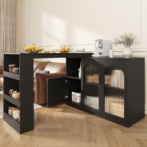 KOMHTOM Table à Manger Pivotante avec Armoire de Rangement, Table de Bar Extensible, Bar Cuisine avec Espace de Rangement, Buffet avec étagères et Vitre (Noir)