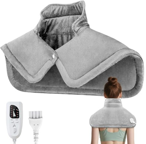 Rakuker Almohadilla Electrica Cervical, Manta Electrica Cervical con 6 Niveles de Calor y 4 Tiempos, Manta Cuello con Cuello Alto y Apagado Automático, Calentador de Hombros con Peso, Gris