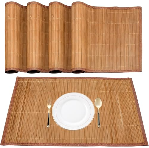 Foonary 4 Stück Bambus Tischsets für Esstisch, Bambus Platzsets 45 x 30 cm, Hitzebeständige Platzset, Waschbar, Aufrollbar, für küche Speisetisch, Bambusmatte, Abgrifffeste Hitzebeständig, Holz