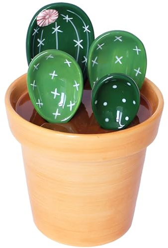 Packool Cactus Measuring Spoons Set, Cute Ceramic Spoons Porcelain Measuring Cups in Pot for Kitchen Cooking Baking