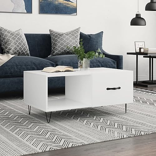GeenYuu Couchtisch Weiß 90x50x40 cm, Holzwerkstoff, Beistelltisch mit Tür, Stauraum, Eisenbeine, modernes Design für Wohnzimmer, stabil & langlebig
