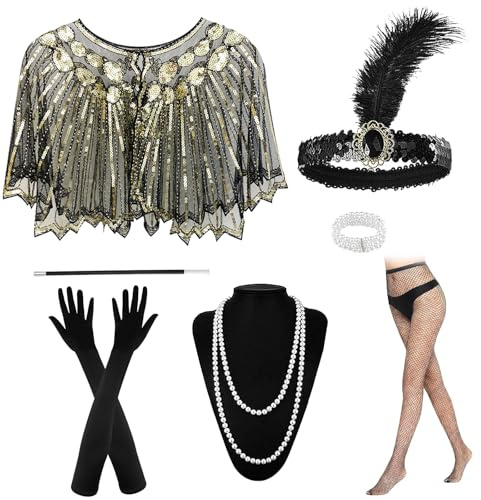 YumSur 7 Stück 1920er Flapper Great Gatsby Accessoires-Set,20er Jahre Kostüm Zubehör Set für Frauen,Charleston Accessoires mit Flapper Stirnband Handschuhen Perlenkette für Halloween Weihnachten