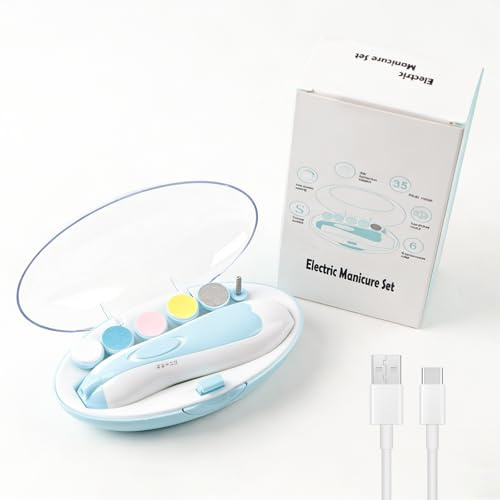 Lima de Uñas Eléctrica para Bebé, con Luz LED, 6 Almohadillas de Repuesto Extra, Kit de Manicura Seguro para Recién Nacidos y Niños, Cortauñas Eléctrico para Bebés (Azul Bebé)