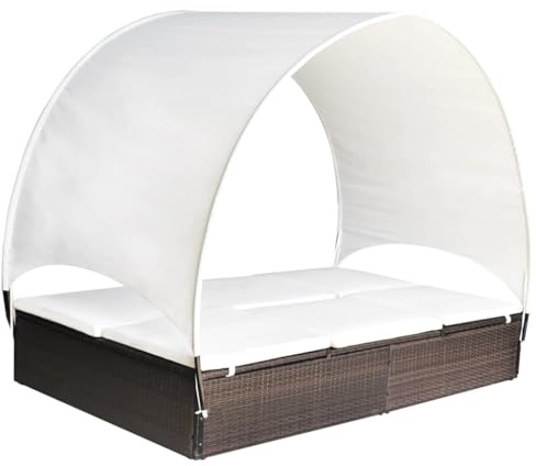 Owoxanthellate Double Sun Lounger with Canopy, 47.4x76.4x61.4, Rattan Frame, Adjustable Shade, Cushioned 2-Person Outdoor Chaise, Garden Patio Poolside