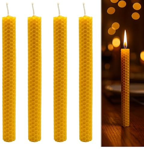 4 PCS Premium Beeswax Candles Set, Handmade Natural Dinner Candle, Pure Beeswax Candle Stick, Honeycomb Appearance Yellow Candles for Home, Honeycomb Texture, Long Burning, Eco-Friendly