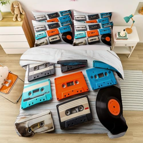 Duvet Cover Twin for Boys Girls, Multicolored Reversible Quilt Cover with Zipper Closure, 3 Pieces Vintage Fashion Cassette Tape Vinyl Record Soft Microfiber Bedding Set 68x90 + 2 Pillowcases