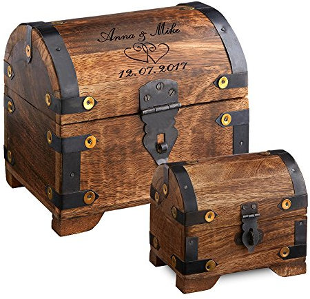 Casa Vivente Schatztruhe 2er-Set zur Hochzeit – Große Schatzkiste mit Gravur – Motiv Herzen – Personalisiert mit Namen und Datum – Kleines Schmuckkästchen – Dunkles Holz – Hochzeitsgeschenk