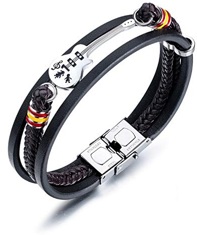 Hommes Bracelet Cuir Bracelet Noir Guitare Cordon Tressé Wrap Bracelet en Acier Inoxydable Fermoir Cadeau pour Hommes