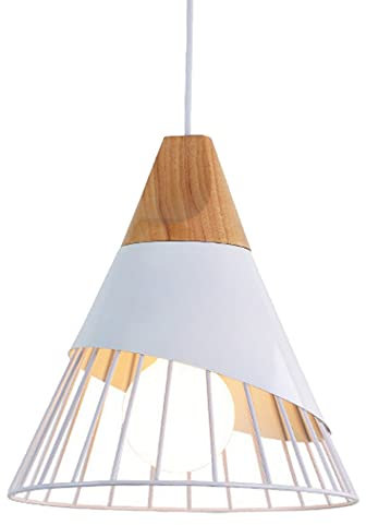 Moderne vintage Suspension Luminaire ,bois Plafonnier industriel Métal Blanc Lampes Suspendues abat-jour Forme de Cône Fer Cage éclairage pour salle à manger cuisine,couloir,Ampoule E27 non incluse