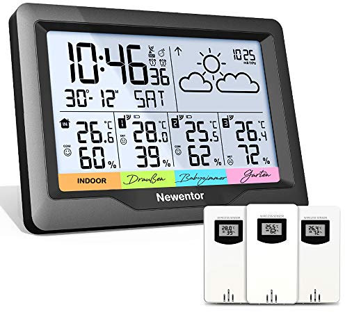 Newentor Wetterstation Funk mit 3 Außensensor Innen und Außen Thermometer Hygrometer DCF-Funkuhr Multifunktionale Funkwetterstation mit Wettervorhersage