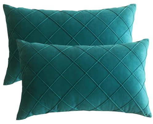 Lutanky Checked Design Oblong Velvet Cushion Covers 30 x 50 cm Peacock Green Elegant Rectangle Throw Pillow Cases (Pack of 2) Soft Pillow Covers for Sofa Bedroom Home Decoration 12x20 Inch