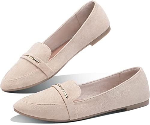 Obtaom Women's Pointy Toe Loafer Flat Comfortable Faux Suede Work Shoes,Cute Penny Loafer Slip On Ballet Flat(Beige US8)