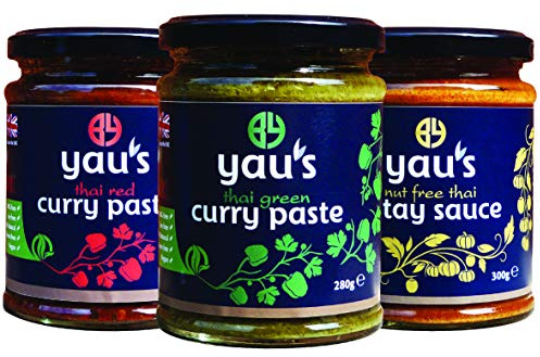 Yau's Thai Favourites (1 x Thai Red Curry Paste, 1 x Thai Green Curry Paste, 1 x Thai Nut Free Satay Sauce) Gluten free, nut free, no UPFs, Vegan for Thai curry and stir-fry