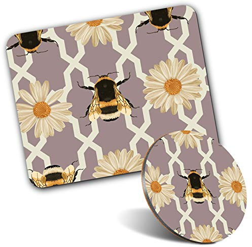 Rectangle Mouse Mat & Round Coaster Set - Art Deco Bumble Bee Flower 20 cm & 9 cm for Computer & Laptop, Office, Gift, Non-slip Base #2139