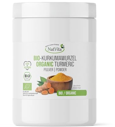 NatVita Bio Kurkuma Pulver 250 g – Fein Gemahlene Kurkumawurzel, Aromatisch Kurkumapulver als Gewürz und Farbstoff für Currys, Reis & Goldene Milch