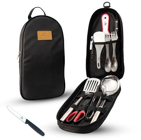 SEQUOIA OUTDOOR® 12-teiliges Küchen Utensilien Set für Camping, Reisen, Wandern, Kochgeschirr für Camper, wasserdicht, Geschirr tragbar, Grillzubehör spülmaschinenfest, Garten und Festivals