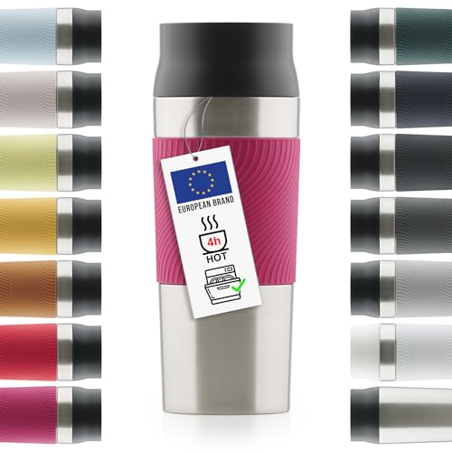 Blumtal Thermobecher 350 ml - Kaffeebecher to go aus Edelstahl - auslaufsicherer Isolierbecher kalt/heiß - Mug mit 360° Trinköffnung - Thermosbecher mit Quick-Press-Verschluss - Thermal Mug - Pink
