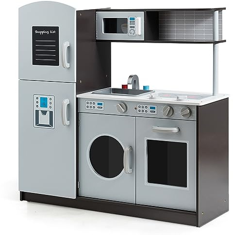 HONEY JOY Kids Kitchen Playset, Wooden Little Chef Pretend Toy Kitchen Set w/Sounds, Sink, Stove, Microwave, Storage Cabinet, Shop List, Play Kitchen for Toddlers, Gift for Boys Girls 3+, Gray