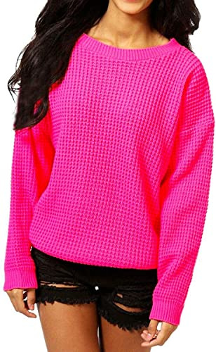 Crazy Girls Womens Ladies Baggy Long Sleeve Knitted Plain Chunky Top Sweater Jumper S-XL (16-18, Neon Pink)