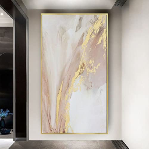 Extra große Wandkunst, abstraktes Ölgemälde, moderne Goldfolie und Rosa mit goldenem Rahmen, Salon-Leinwandbild, 175 x 75 cm/69 x 30 Zoll, mit goldenem Rahmen