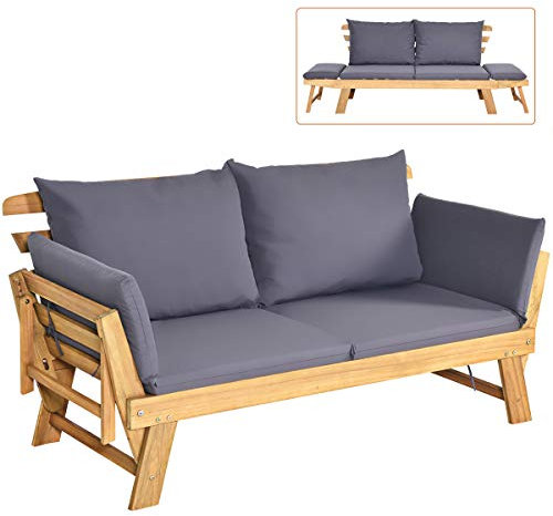 COSTWAY Gartenbank mit Liegefunktion, Gartensofa mit Auflagen und klappbaren Armlehne, Balkonbank aus Akazienholz, Balkonsofa, Gartencouch für Garten, Terrasse, Balkon, 198 x 75 x 75 cm (Grau)