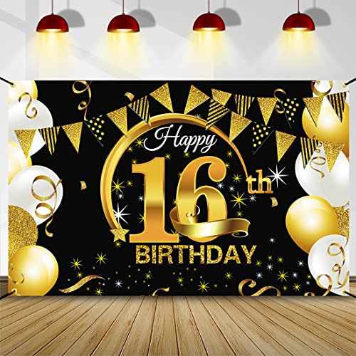 Deko zum 16. Geburtstag, Schwarz, Gold – Banner, Happy Birthday, Dekoration für Party, Veranda, Schild, Leinwand, für Haus, Wand, Jungen, Mädchen