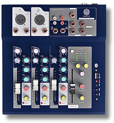 DIGIMORE Professional Audio Mixer, 4 Channel Mixing Console with USB Audio Interface and 48V Phantom Power, Stereo Equalizer, Ideal for Stage, Live Gigs, and Karaoke (D-250)