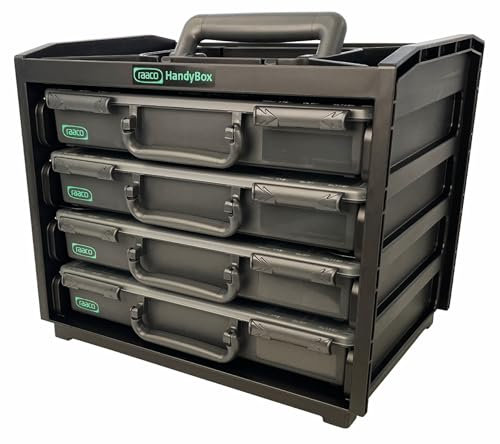 raaco HandyBox 55x4, Premium Sortimentskasten für Werkstatt, Tragerahmen mit 4 Sortierkasten für Kleinteile, Traglast 25 kg, Sichere Aufbewahrung, Kleinteilemagazin 26,5 x 37,6 x 31 cm