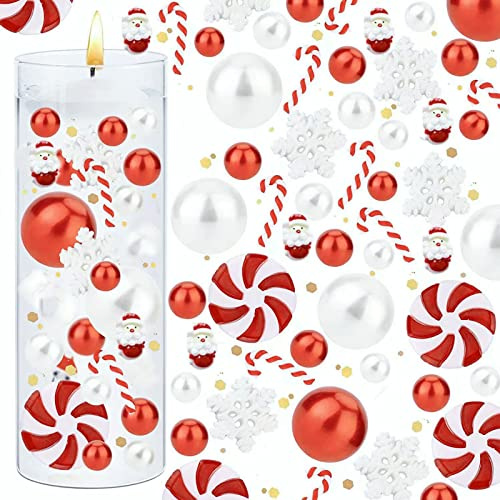 Gbbazu 6054Pcs Christmas Vase Filler, Filler Beads Floating Pearls and Candy Water Beads for Vase, Christmas Red White Green Floating Pearls Acrylic Plastic Glass Candy Canes Vase Filler (C)