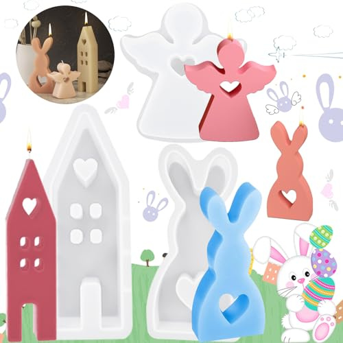 3 Stück Silikonform Ostern, Silikonform Häuser, Gießform Haus, Silikonform Engel, Silikonform Hasen, 3d Silikonformen Gießformen Engel, Gießformen Ostern für Kerzen, Seife, Gips, Handwerk