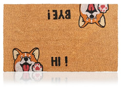 AMARU DOOR MATS - Fußmatte Kokos Außen und Innen, Hi-Bye Hund, 70x40 cm | 100% Kokosfaser Natur, Robust, Fusselarm, Rutschfeste Unterseite, Nimmt Feuchtigkeit auf, Schmutzfangmatte Eingang, Haustür