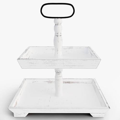 SaiDuoDuo Soporte para Bandeja de 2 Niveles, Soporte Decorativo para Bandeja escalonada de Madera, Soporte para frutero de exhibición para Ahorrar Espacio en la encimera,Blanco