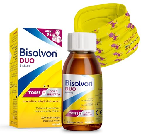 Bisolvon Duo Emolliente Sciroppo Tosse, Sciroppo Tosse Secca e Gola Irritata Adulti e Bambini 2+ Con Miele, Senza Glutine, Senza Lattosio (100ml) insieme a un pratico Scaldacollo Bambino in Cotone