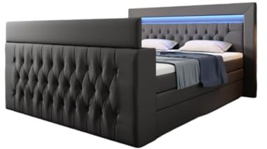 Boxspringbett Sonino 180x200 Doppelbett Polsterbett Bett mit TV Lift, RGB-Beleuchtung und Stauraum | Bezug: Polyester | Farbe: Grau | Härtegrad: H4 (100kg+)