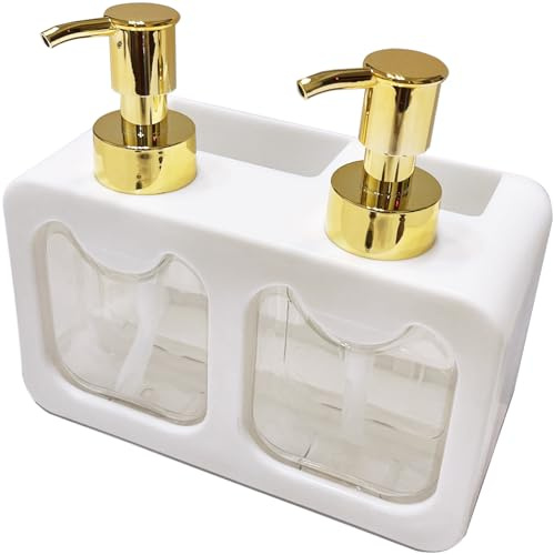 Doppio dispenser di sapone, dispenser di sapone liquido per mani e piatti e contenitore per spong con portaspazzole, organizer da piano di lavoro per cucina (bianco)