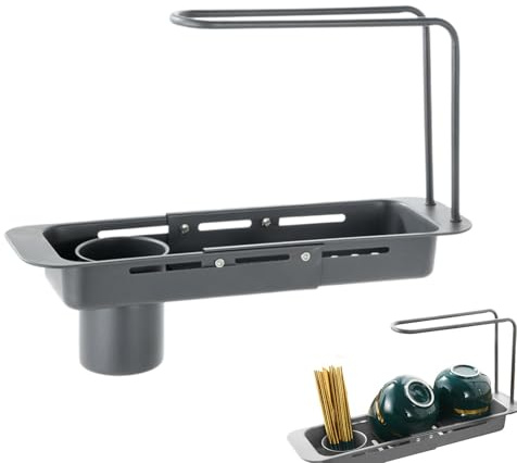 Teleskop-Ablaufregal Für Spülbecken - Teleskop Spülbecken Organizer, Multifunktionale Küchenspüle Organizer Mit Handtuchhalter, Edelstahl Spülbeckenregal Schwammhalter Küche Abflussregal,Grau