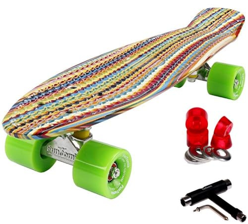 FunTomia 57cm Mini-Cruiser Board Skateboard mit oder ohne LED Leuchtrollen inkl. Aluminium Truck, ABEC-9 Kugellager und T-Tool (Strip mit grüne Rollen)
