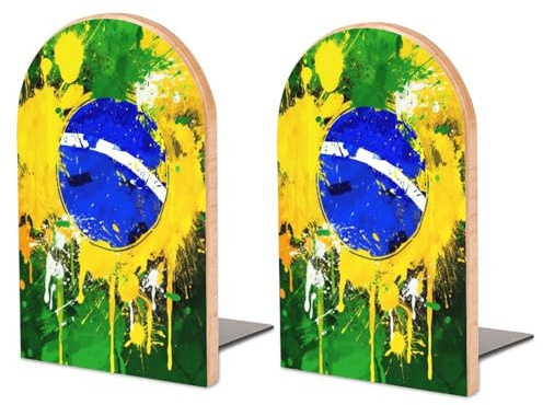 Stück Buchstützen aus Holz, Buchstützen mit brasilianischem Flaggen-Design für Regale, rutschfeste Buchstützen für Büro, Zuhause und Küche, Buchstützen zum Aufbewahren von Büchern, 12,7 x 7,6 cm