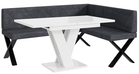 MEBLINI Eckbank für Esszimmer mit ausziehbarem Tisch - Küchenbank - Essecke - Sitzecke Küche - ERIC - X-Beine 128x168x87cm Rechts - Dunkelgrau Samt/M Weiß Hochgl.