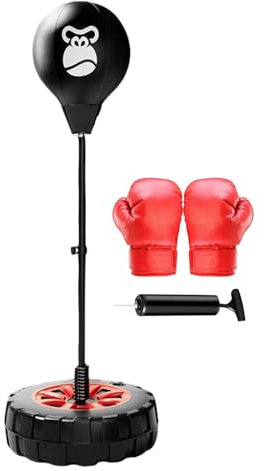 Boxsack mit Ständer | Frree Standboxsack Set | Flexible Höhe Punchball | Boxsack | Punching-Speedball für Kinder Training, Stressabbau & Fitness (mit Handschuhen)