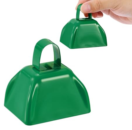 PATIKIL 2pcs Cow Bells for Football Games, 3inch Cowbells for Sporting Events Bulk Loud Noise Makers Metal Cow Bell with Handle for Cheering Competition Marathon Wedding, Green