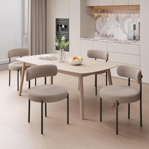 Hawthyhome Esszimmerstühle 4er Set Teddy Stoff Gepolstert Stuhl Grau-Braun | Runde Boucle Esszimmerstuhl,Mid-Century Stühle Esszimmer mit Metallbeinen und Rückenlehne für Esszimmer,Wohnzimmer, Büro