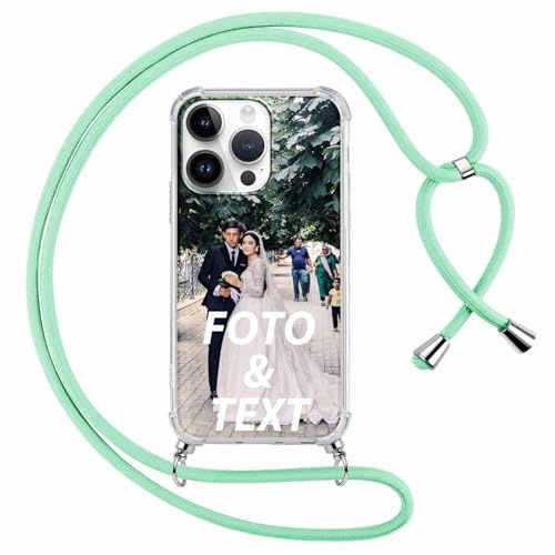 Xylota Personalisierte Handykette Handyhülle für iPhone 12 Pro Max mit Band, Personalisiert Hülle mit Selbst Bild Text Foto, Individuelle Design Grün Silikon Schutzhülle für iPhone 12 Pro Max 6,7''