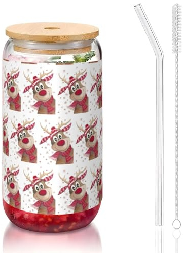 YBGHDAA Elk Christmas House Printing - Vaso con tapa y pajita, 1 unidad, vasos de vidrio de 16 onzas, ideal para whisky, cerveza, té