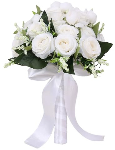 InteDesign Artificial White Rose Wedding Bouquet, Medium Size, 1 Count, Realistic Silk Flowers, Pre-arranged, Classic/Elegant Style, Perfect for Weddings & Home Decor