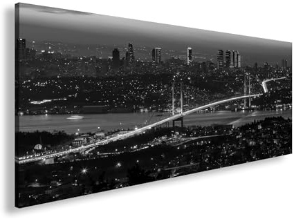 Leinwandbild Istanbuls Lichter – Brücke zwischen Kontinenten Panorama 120x60cm Effekt: Schwarz&Weiß XXL Wandbild auf Keilrahmen/Kunstdruck/Bild Wohnzimmer Dekoration