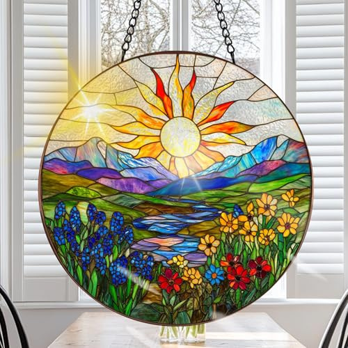 VAIIEYO Solfångare målat glas fönster hängande prydnad, handgjord solfångare blomma landskap dekoration med krokar för fönster trädgård hem, jul och födelsedag inflyttningspresent (20 cm)