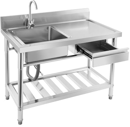 BRRIDE Freistehende Edelstahl-Spüle mit Schublade, 1 Becken Gewerbliche Spülbecken mit Wasserhahn Kalt- & Warmwasseranschluss für Küche, Gastronomie & Haushalt, 100x60x80cm (Linke Spüle)